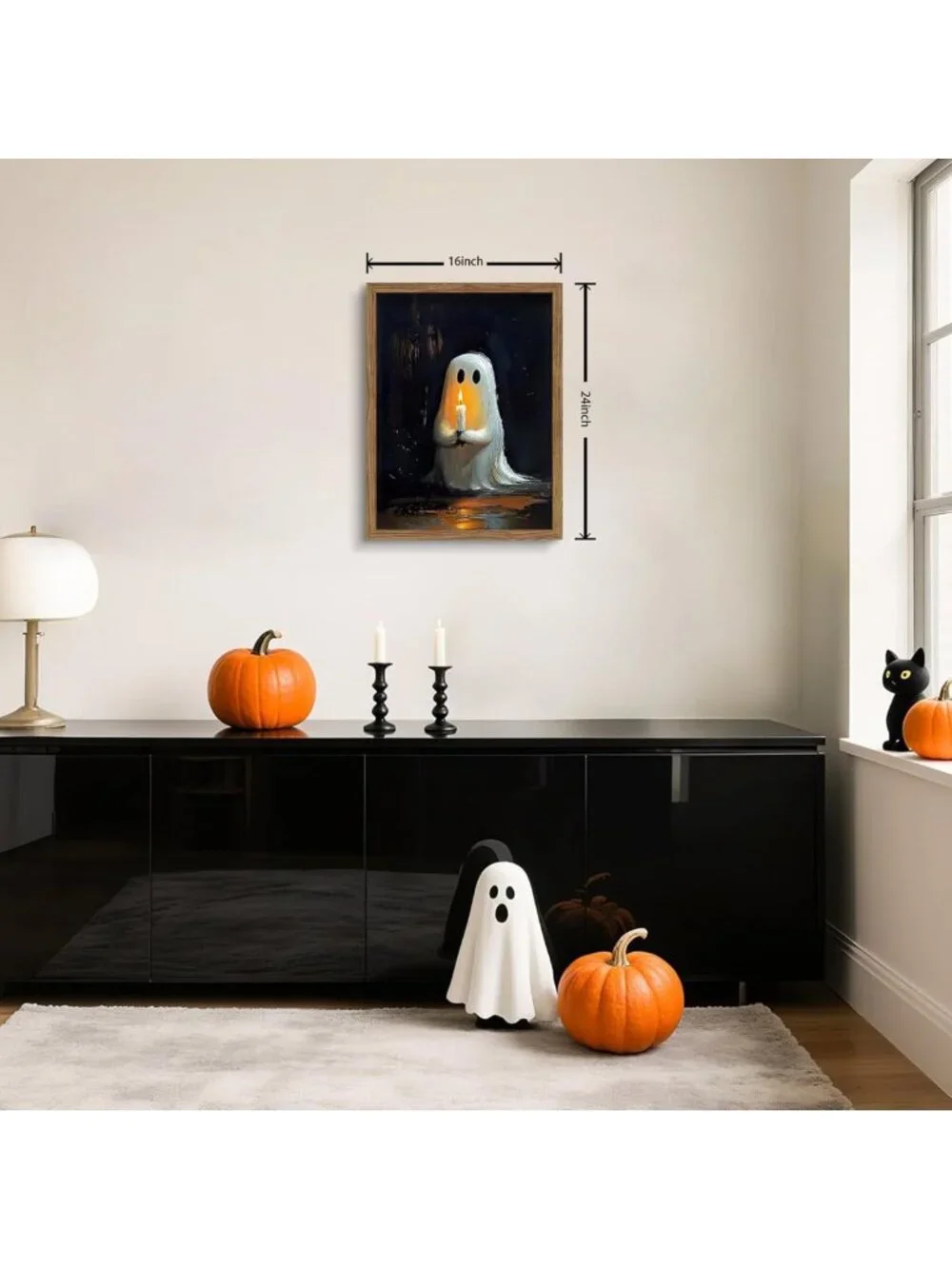 Cute Gothic Ghost Wall Art - Framed Halloween Decor, Vintage Canvas Print 16x24